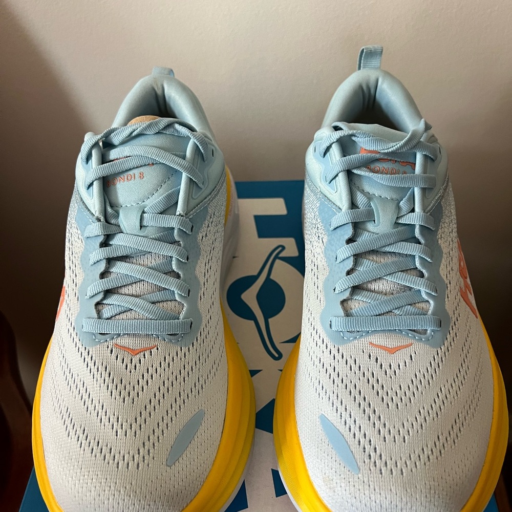 HOKA Bondi 8 Running Shoes - Light Blue and Yellow